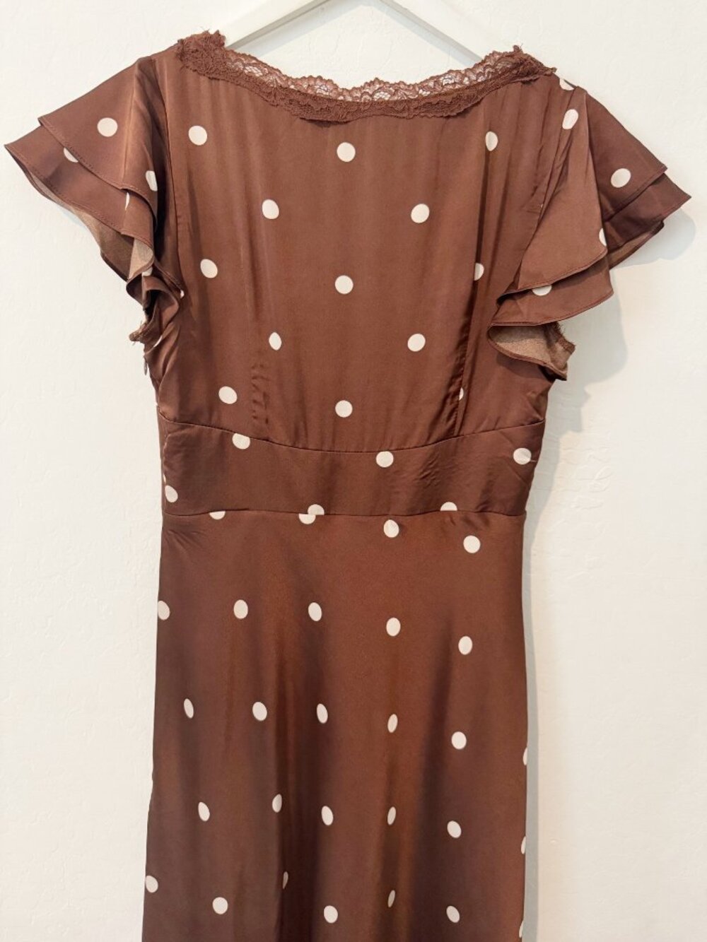 Petal and Pup Arella Maxi Dress Size 6 Brown Polka Dot Lace Trim Satin Romantic - Picture 11 of 14
